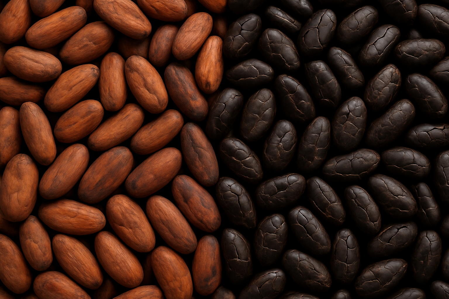 Raw cacao beans beside dark over-processed beans